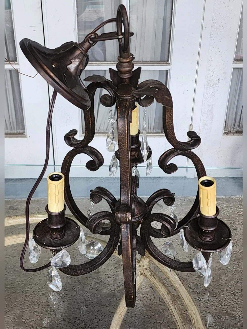 Vintage Bronze Crystal Leaf Semi Flush Mini Chandelier, Rare & Unique